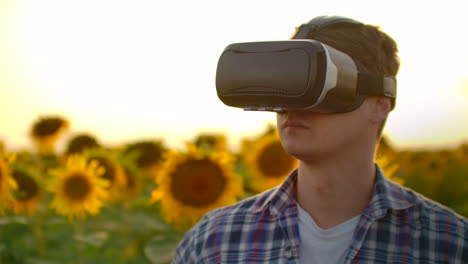 A-young-man-inspects-a-field-with-sunflowers-in-virtual-reality-glasses-in-sunny-day.-These-are-modern-technologies-in-summer-evening.